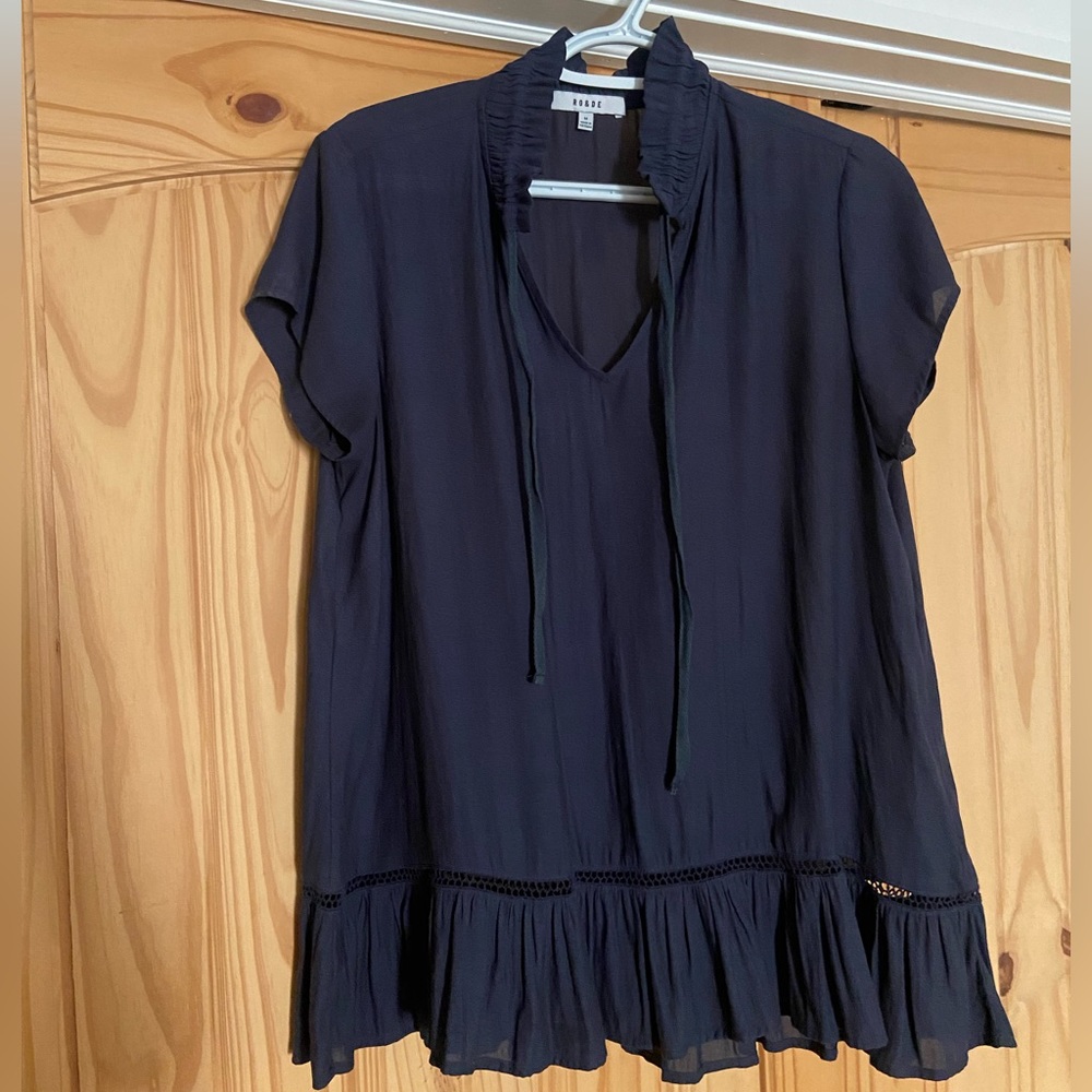 Short Sleeve Ruffle Sheer Top - Navy Blue